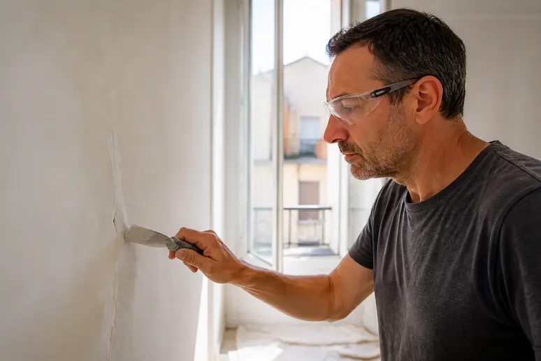 Un homme français rebouche une fissure sur un mur préparé pour du stuc, dans un appartement.