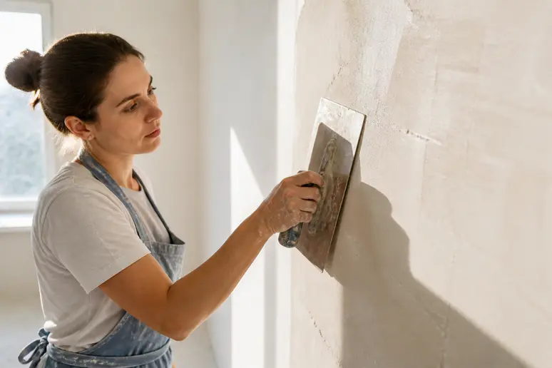 Une femme applique la première couche de stuc sur un mur avec une taloche inox dans une pièce lumineuse.