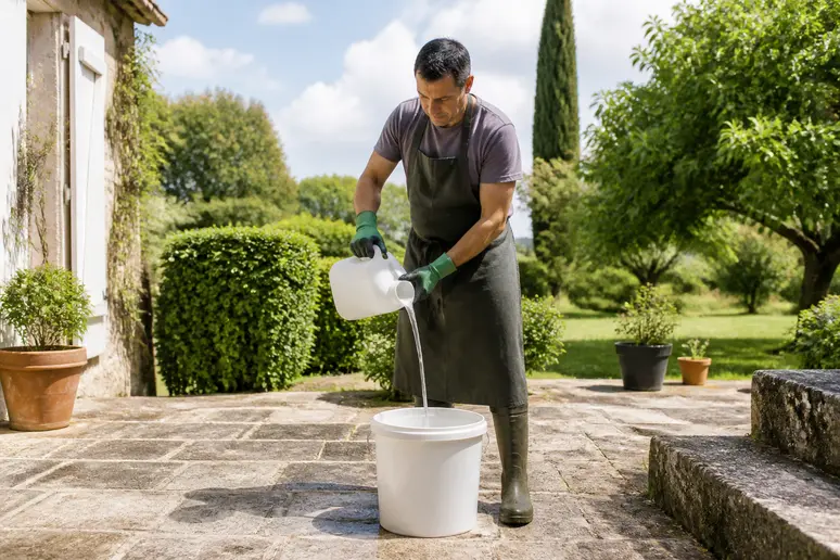 Un homme diluant un produit de nettoyage puissant dans un seau à côté d'une terrasse en pierre ancienne.