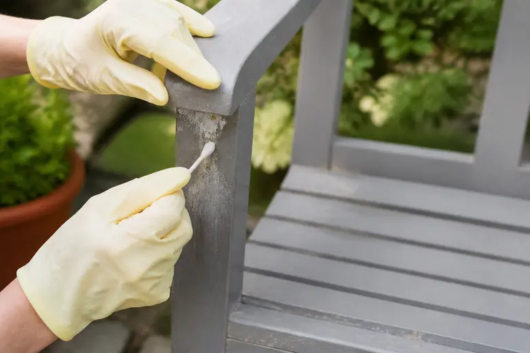 Mains gantées appliquant prudemment un nettoyant sur un coin discret d'un banc de jardin en bois peint.