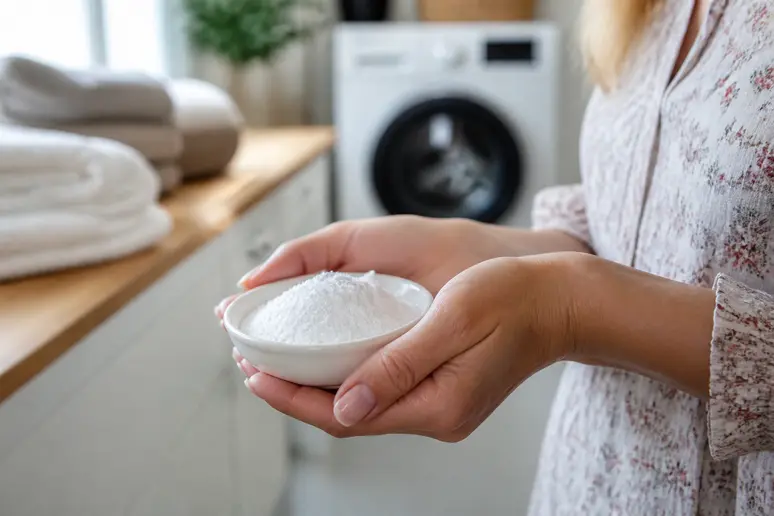 Des mains versent une cuillère à café de bicarbonate de soude pour désodoriser le linge.