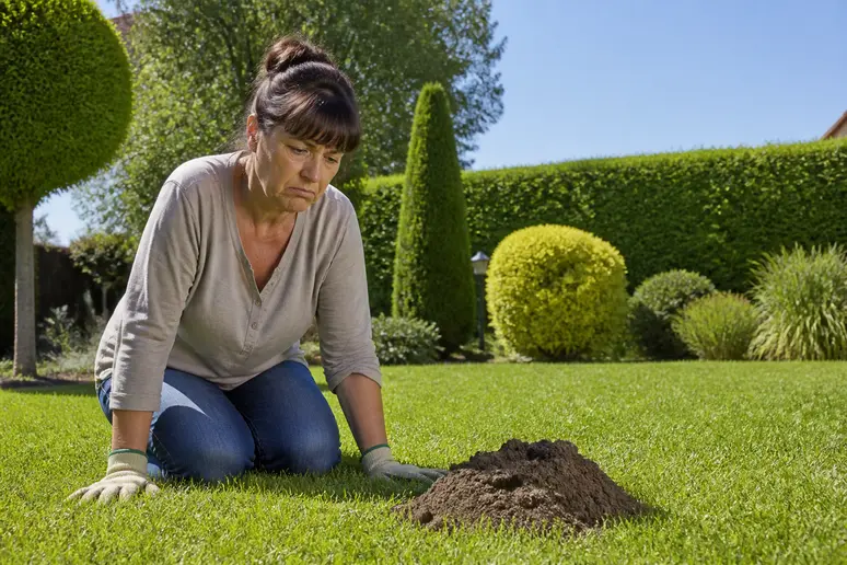 Une jardinière française contemple avec dépit une taupinière qui gâche sa pelouse parfaite.