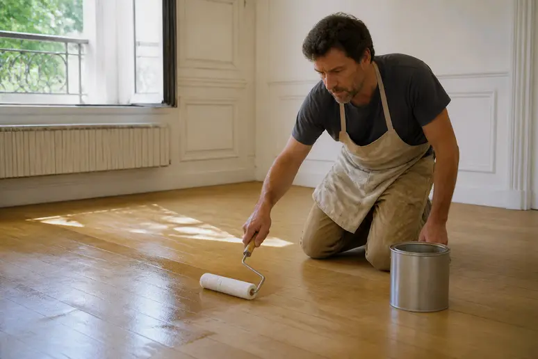 Un homme applique une sous-couche sur un parquet en bois avec un rouleau dans une pièce lumineuse.