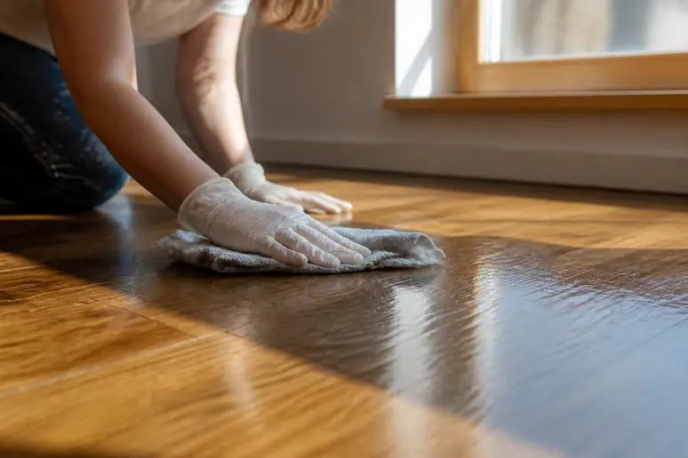 Mains gantées passant une serpillière humide sur un parquet vitrifié pour l'entretien courant.