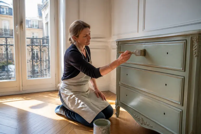 Une femme repeint une commode ancienne en vert sauge dans un appartement lumineux.