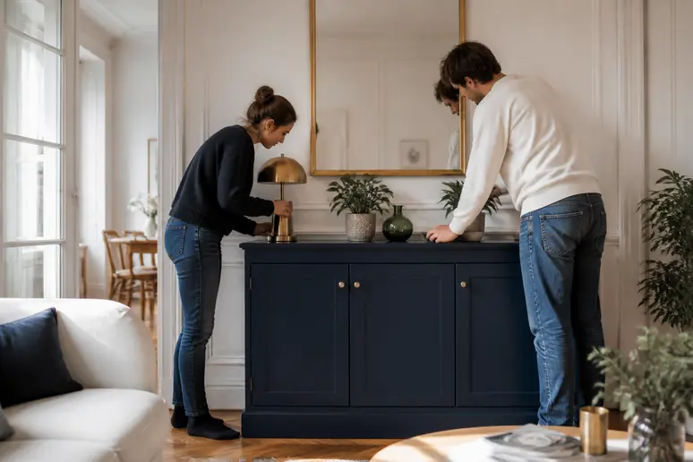 Un couple arrange des objets déco sur un buffet bleu canard dans un salon contemporain.