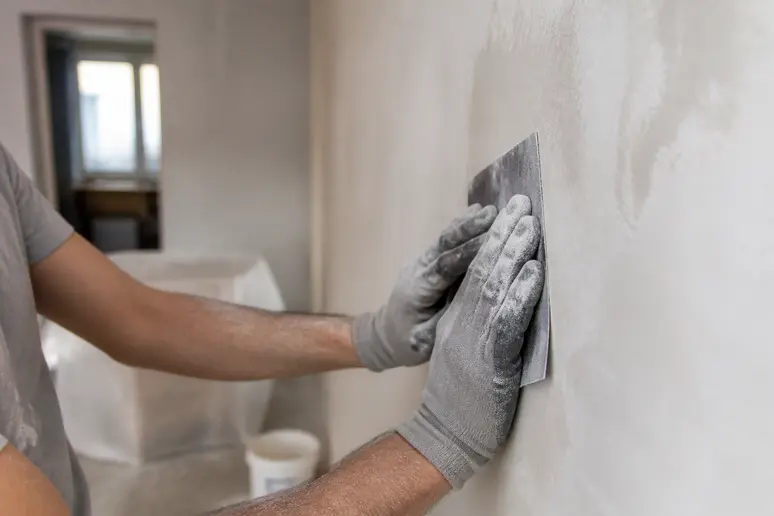 Un homme ponce délicatement un mur avant la peinture, préparant le support.