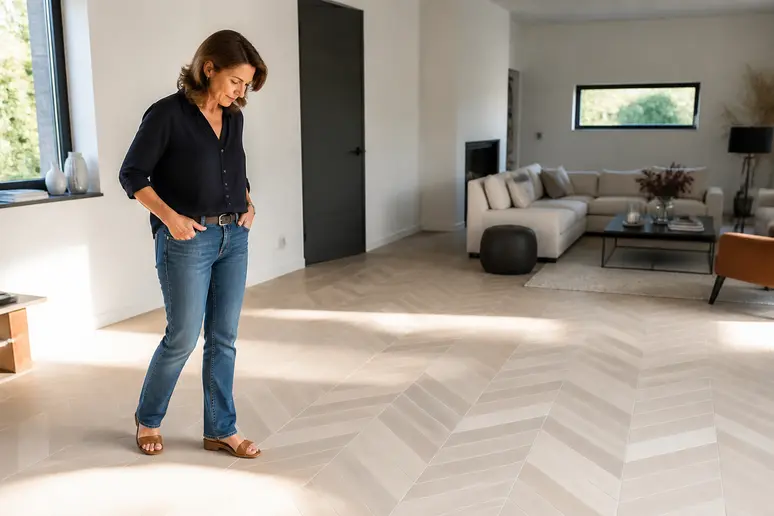 Une femme française observe son nouveau carrelage en chevron, admirant la profondeur et l'élégance que le motif apporte à son salon.