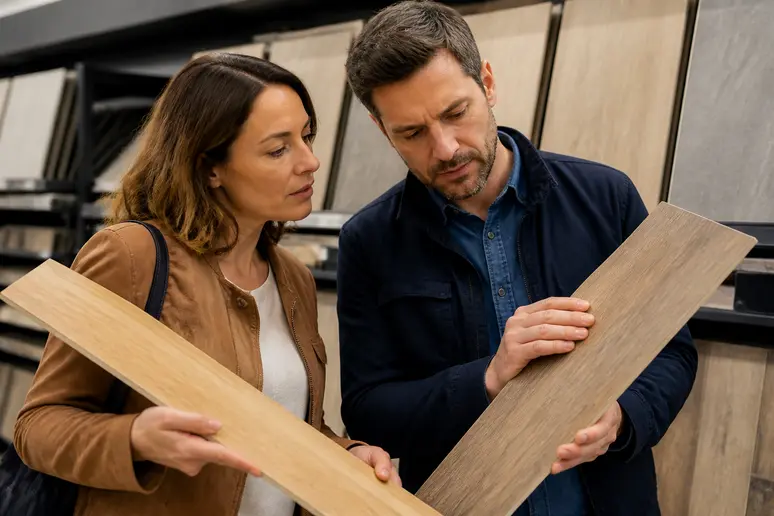 Un couple français choisit avec soin des échantillons de carrelage imitation bois pour un projet de pose en chevron, considérant l'esthétique et la longueur des lames.