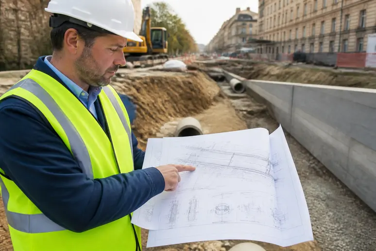 Ingénieur français vérifiant un plan pour l'installation d'un caniveau-beton conforme aux normes.