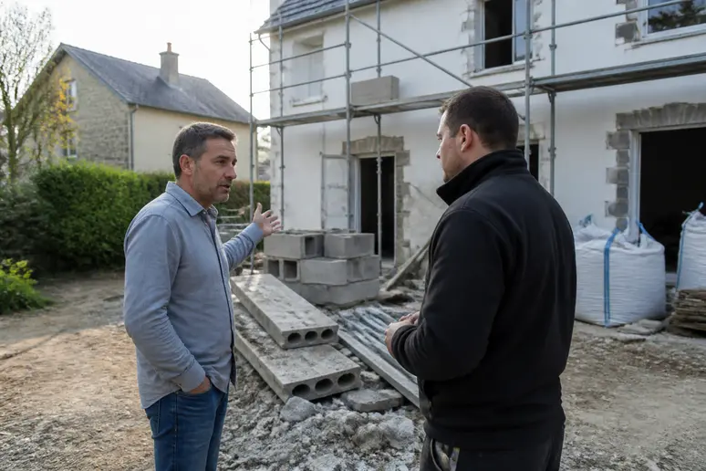 Client et artisan discutant du budget pour l'installation d'un caniveau-beton.