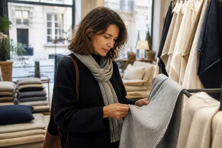Une femme choisit un échantillon de tissu en lin gris clair dans une boutique de décoration parisienne, lumière naturelle.