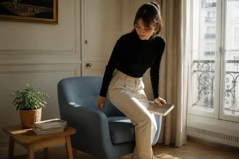 Une jeune femme s'apprête à s'asseoir sur une chaise scandinave bleu clair dans un salon parisien, ambiance cosy.