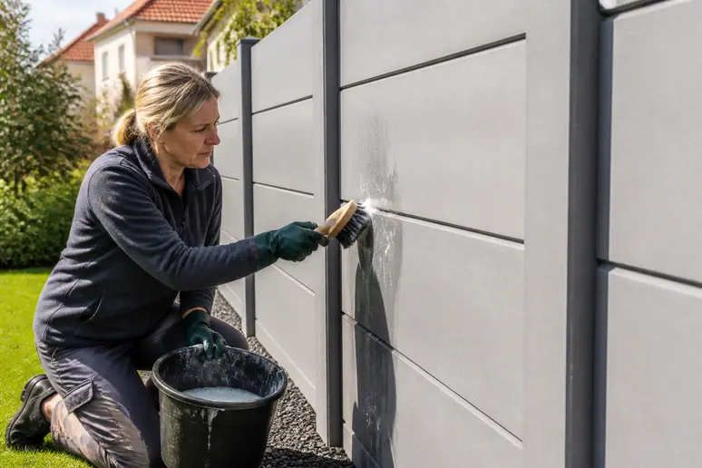 Entretien facile d'une cloture-en-beton avec une brosse dans un jardin français typique.