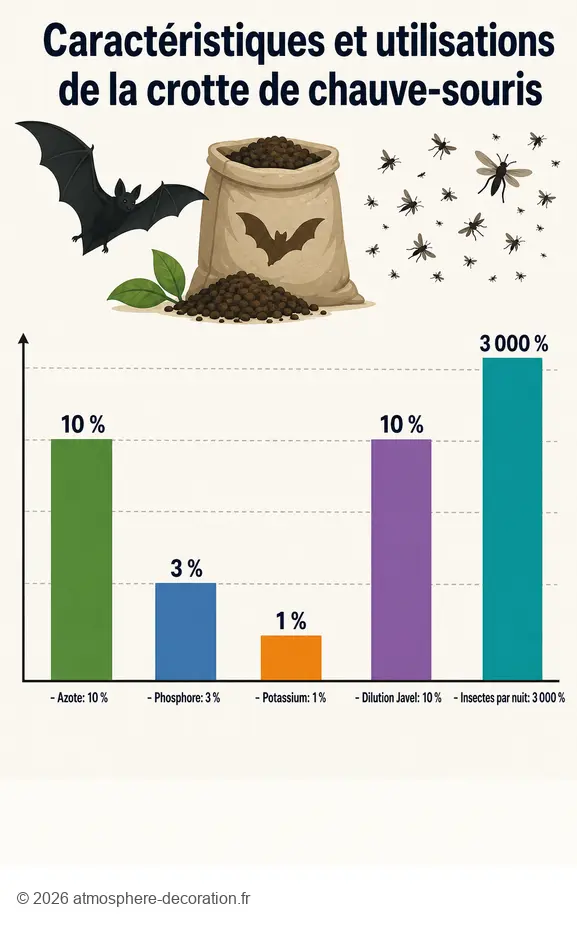 Infographie sur les caractéristiques nutritionnelles et d'utilisation de la crotte de chauve-souris.