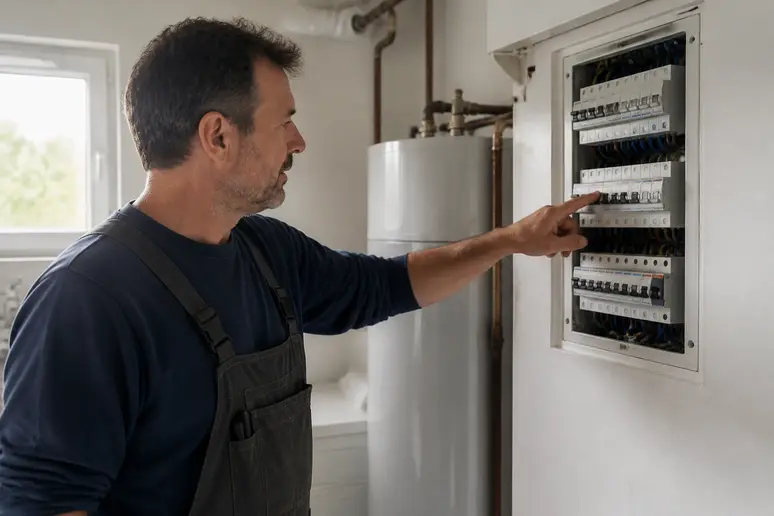 Un homme examine attentivement un tableau électrique, cherchant un disjoncteur saute sans rien de branché.