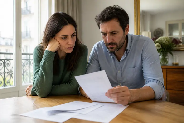 Couple français examinant un reçu d'électroménager, signe d'une transaction Electromust passée.