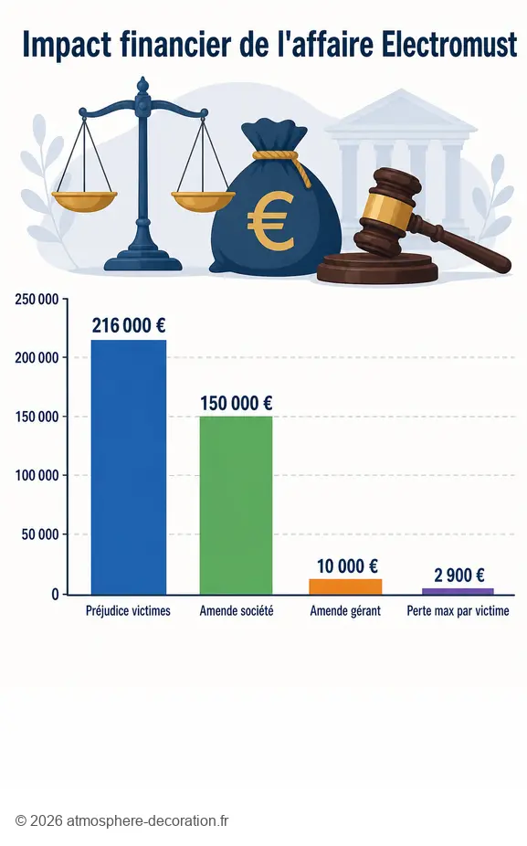 Infographie : le préjudice des victimes, amendes et pertes financières de l'affaire Electromust.