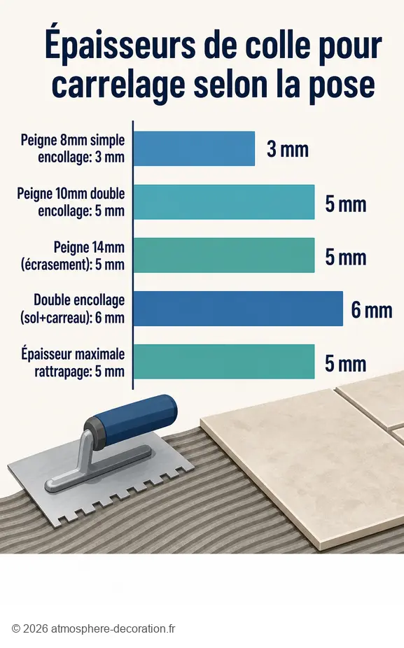 Infographie comparant les épaisseurs de colle pour carrelage selon les outils utilisés pour la pose.