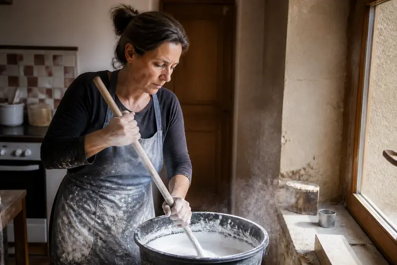 Une femme française ajuste la consistance du lait de chaux dans un seau, dans une cuisine lumineuse et authentique.