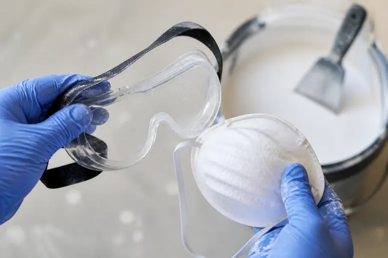 Gants, lunettes de protection et masque respiratoire posés sur un établi avant de manipuler de la chaux.