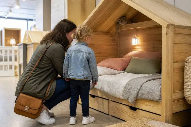Mère et enfant découvrant le lit-cabane-bosco dans un magasin de mobilier pour enfant en France.