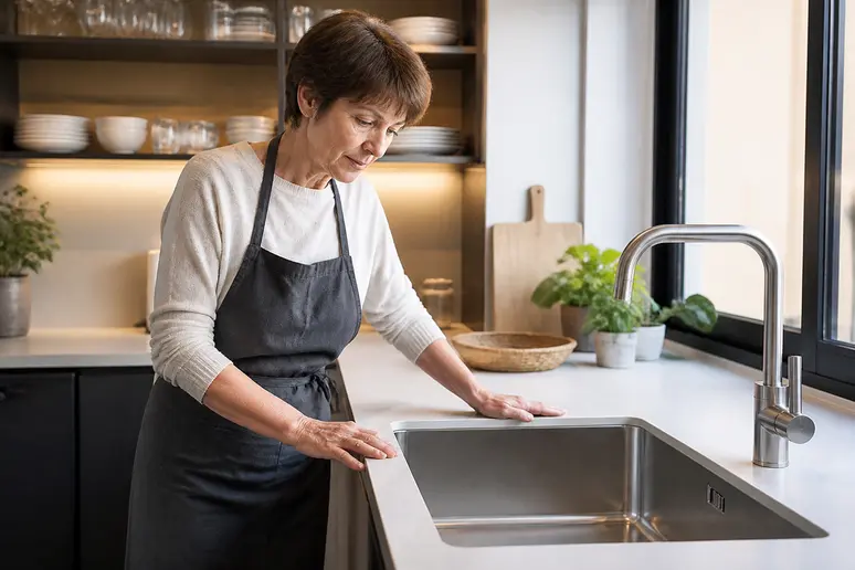 Femme choisissant un évier de cuisine en inox, critère clé mager-fr.