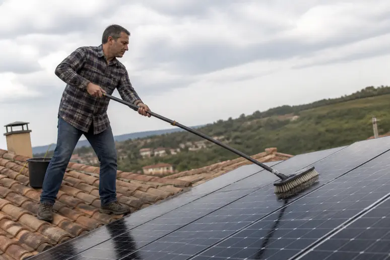 Un homme nettoie des panneaux solaires sur un toit résidentiel en France par une matinée nuageuse, utilisant une brosse à long manche.