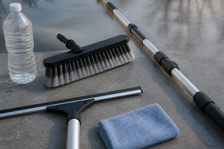 Un ensemble d'outils pour nettoyer des panneaux solaires, comprenant une brosse télescopique et une raclette, disposés à l'extérieur.