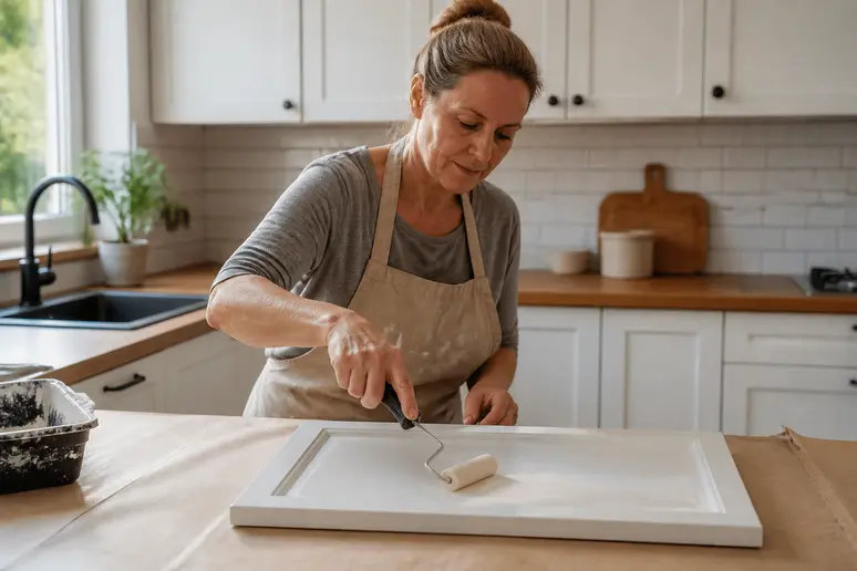 Application soignée de peinture satinée pour peindre des meubles de cuisine, assurant durabilité.