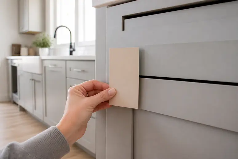 Choix de couleurs tendance, un beige clair pour peindre des meubles de cuisine modernes en 2026.