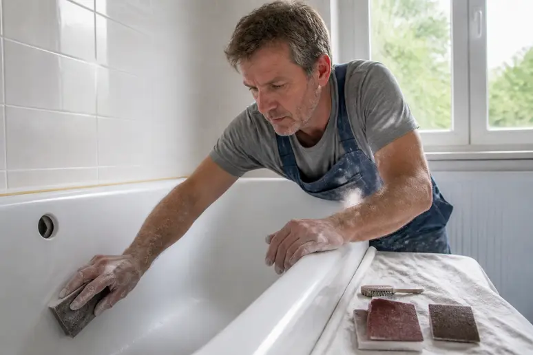 Préparation minutieuse avant de peindre la baignoire : ponçage de la surface intérieure pour un meilleur accrochage.