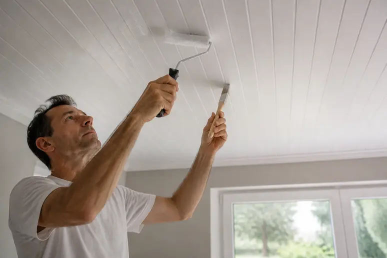 Application de peinture pour lambris au plafond : homme français appliquant une couche uniforme.