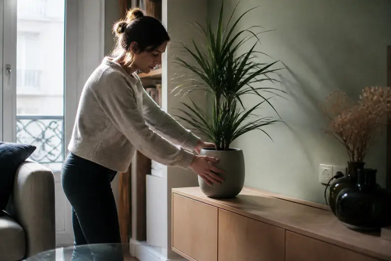 Une femme choisit une plante d'ombre d'intérieur pour son salon peu lumineux, le Dracaena s'intégrant à la décoration.