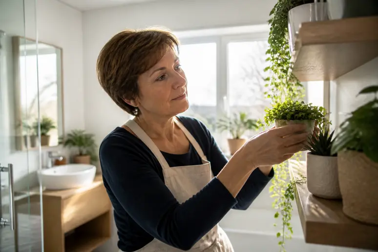 Une femme sélectionne une plante verte pour son appartement, choisissant une plante-salle-de-bain.