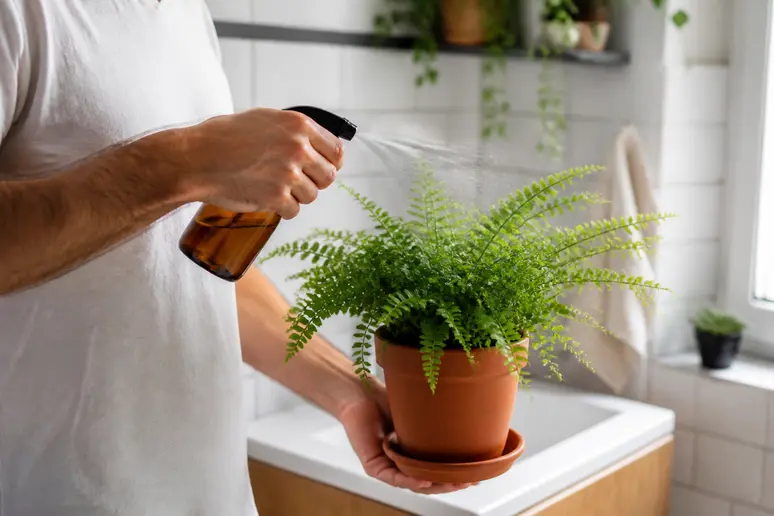Un homme arrose une fougère luxuriante, prenant soin de sa plante-salle-de-bain avec attention.