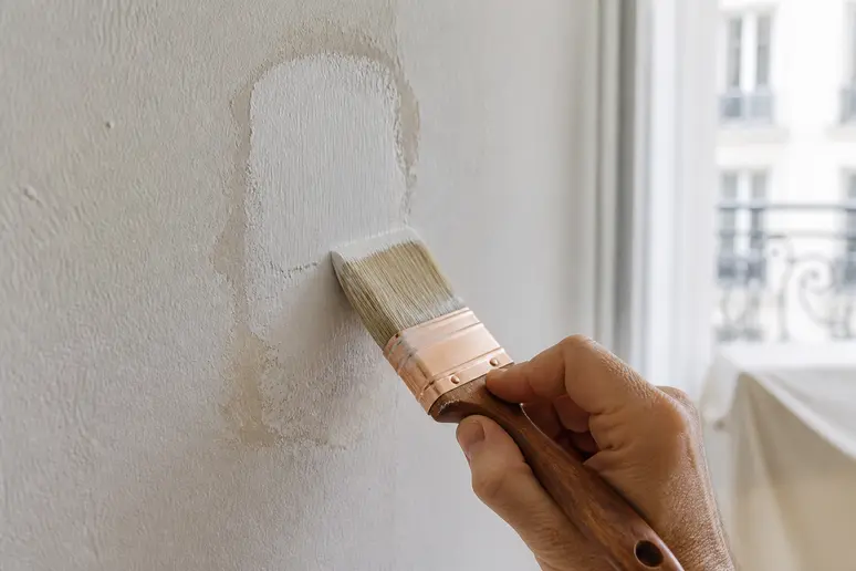 Gros plan sur une main appliquant méticuleusement un primaire-daccrochage-peinture sur un mur préparé.