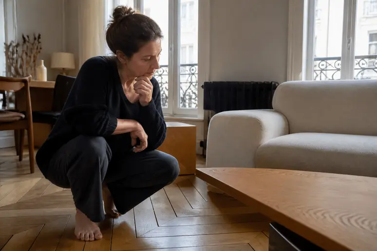 Une femme observe attentivement le coin pointu d'une table basse dirigeant une énergie vers son canapé dans un salon.