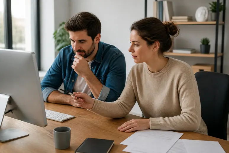 Couple travaillant dans un bureau à domicile, éclairage neutre pour la concentration 3000k ou 4000k.