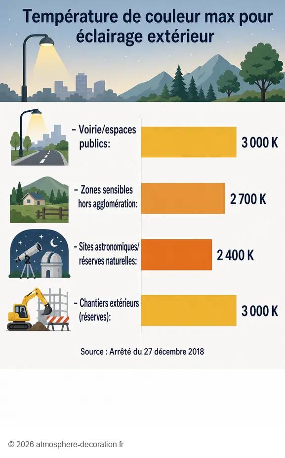 Température de couleur maximale autorisée pour 3000K ou 4000K dans l'éclairage extérieur selon la zone.