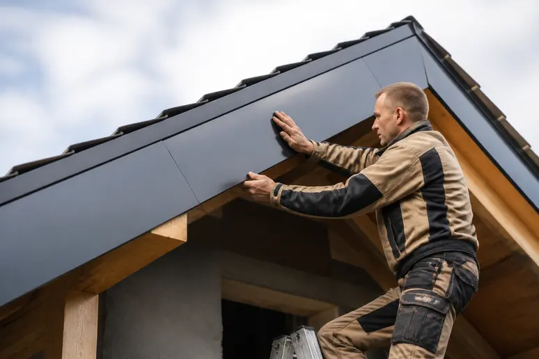 Habillage d'une tête de chevron avec un profilé en aluminium laqué sur une toiture