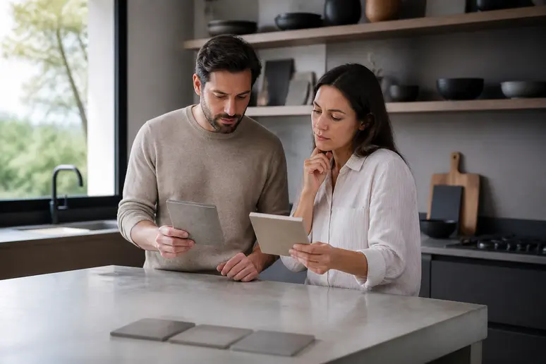 Couple choisissant la teinte de béton ciré plan de travail pour leur cuisine moderne.
