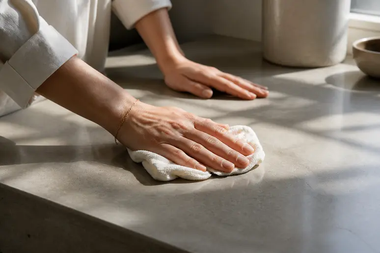 Entretien d'un plan de travail béton ciré avec un chiffon doux et de l'eau savonneuse.