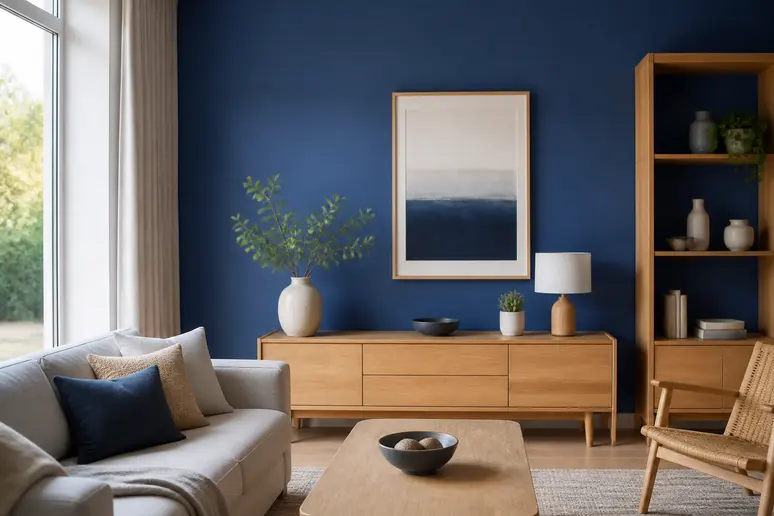 Harmonie entre le Bleu Majorelle et des meubles en bois chaud dans un salon