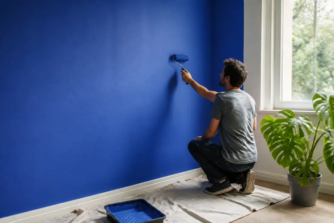 Personne appliquant de la peinture Bleu Majorelle en décoration sur un mur lumineux du salon