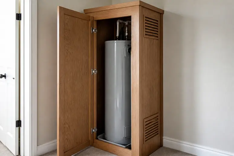 Intégration de grilles de ventilation sur le coffrage en bois d'un chauffe-eau pour assurer la sécurité.