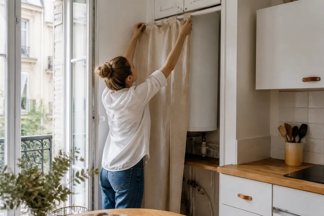 Astuce ingénieuse pour savoir comment cacher un chauffe-eau pas cher avec un rideau en lin dans un salon.