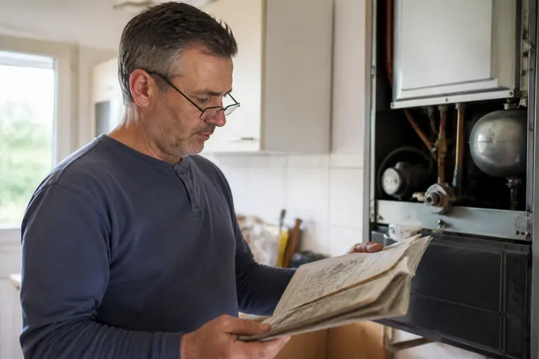 Un homme consulte la notice d'une chaudière Chappée ancien modèle pour trouver des informations.