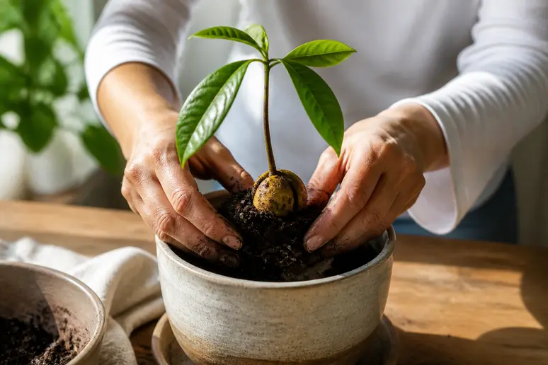 Mains rempotant un jeune avocatier pour savoir comment faire germer un noyau d avocat dans de la terre fertile.