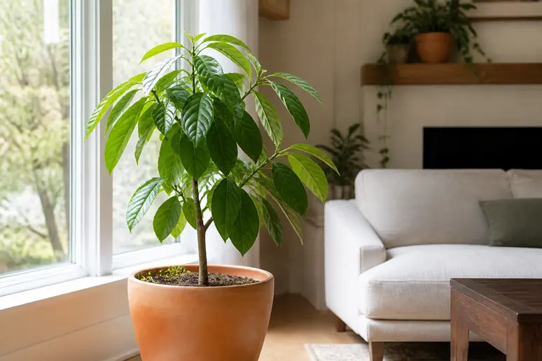 Avocatier en pot dans un salon lumineux, illustrant comment faire germer un noyau d avocat pour la décoration intérieure.